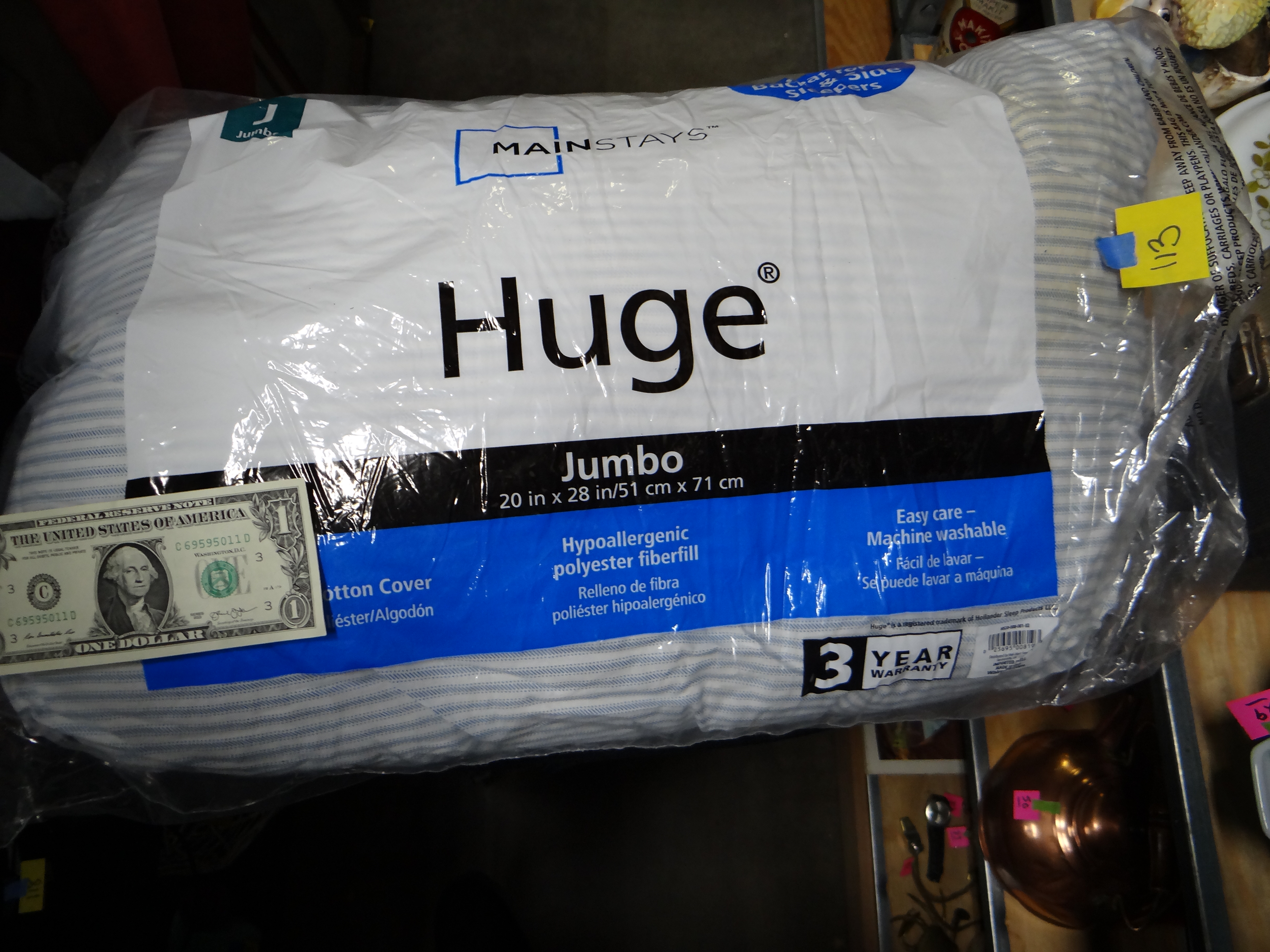 113-Mainstays Jumbo Size Pillow (has some moisture marks)