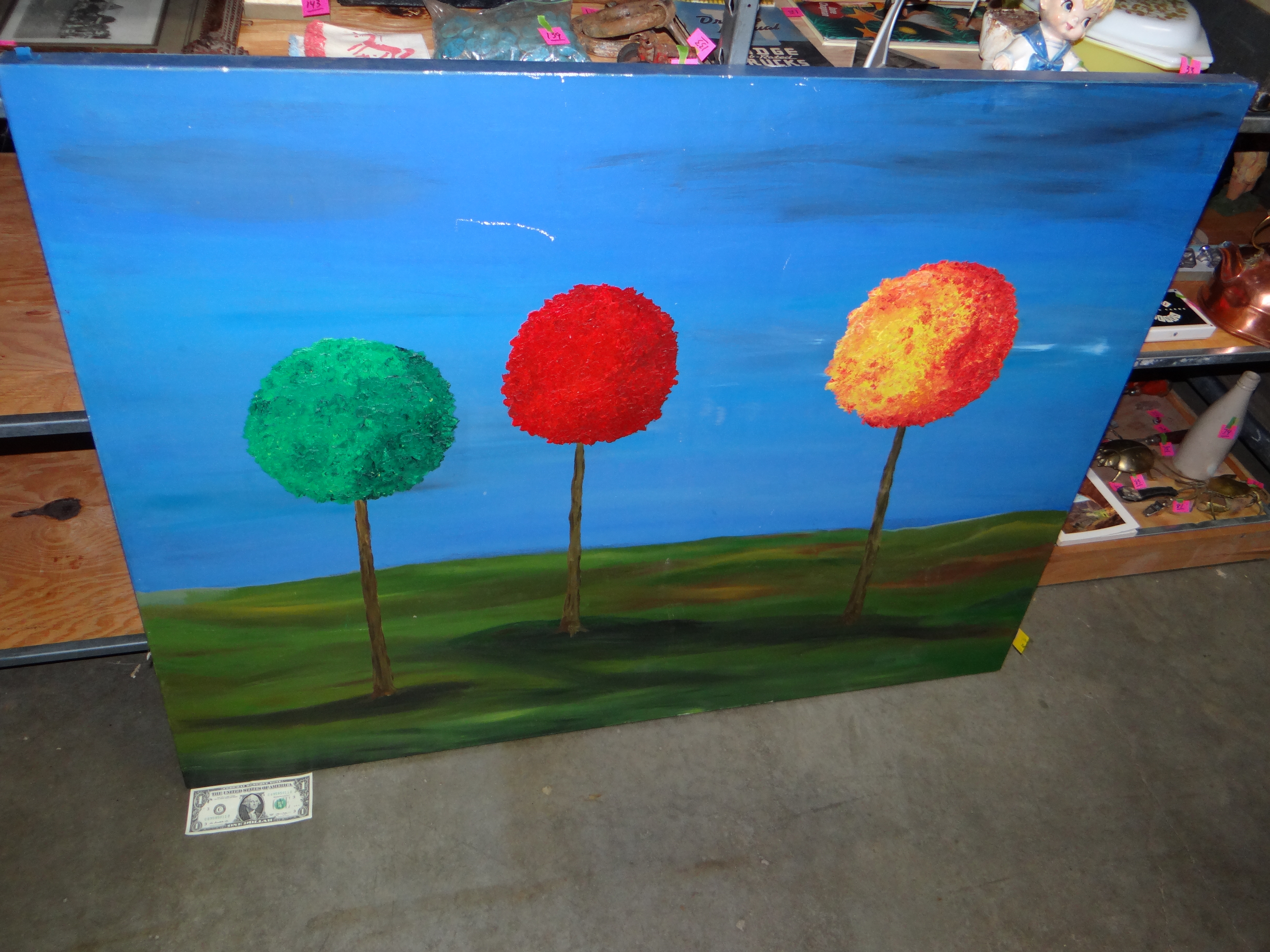 131-Very Large Canvas Painting of Three Trees Green, Red & Yellow/Orange 4ft W x 3ft T