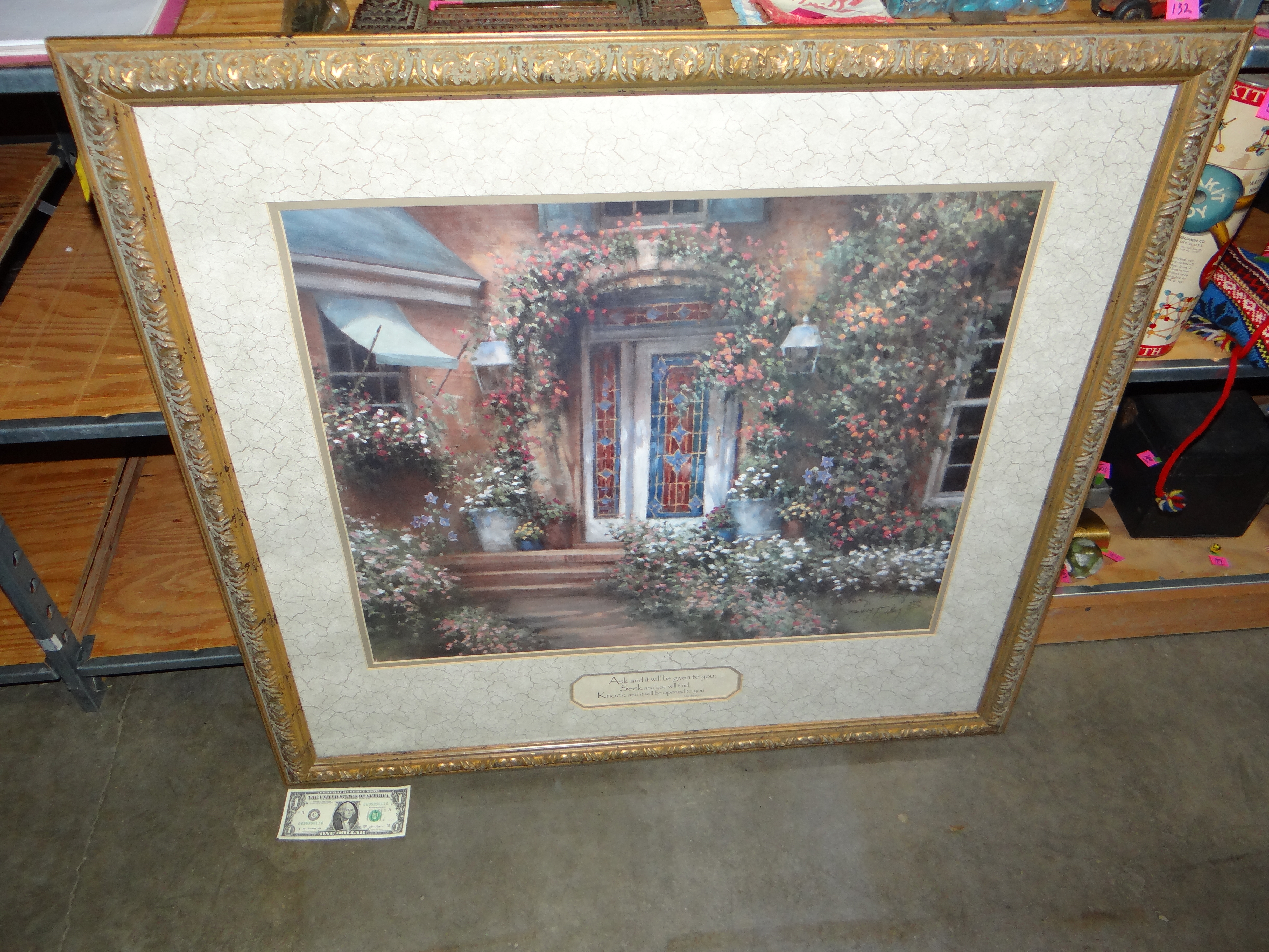 132-Beautiful Framed & Matted w/ Glass Print of A Front Door w/ Flowers Climbing The House & A Scripture Underneath