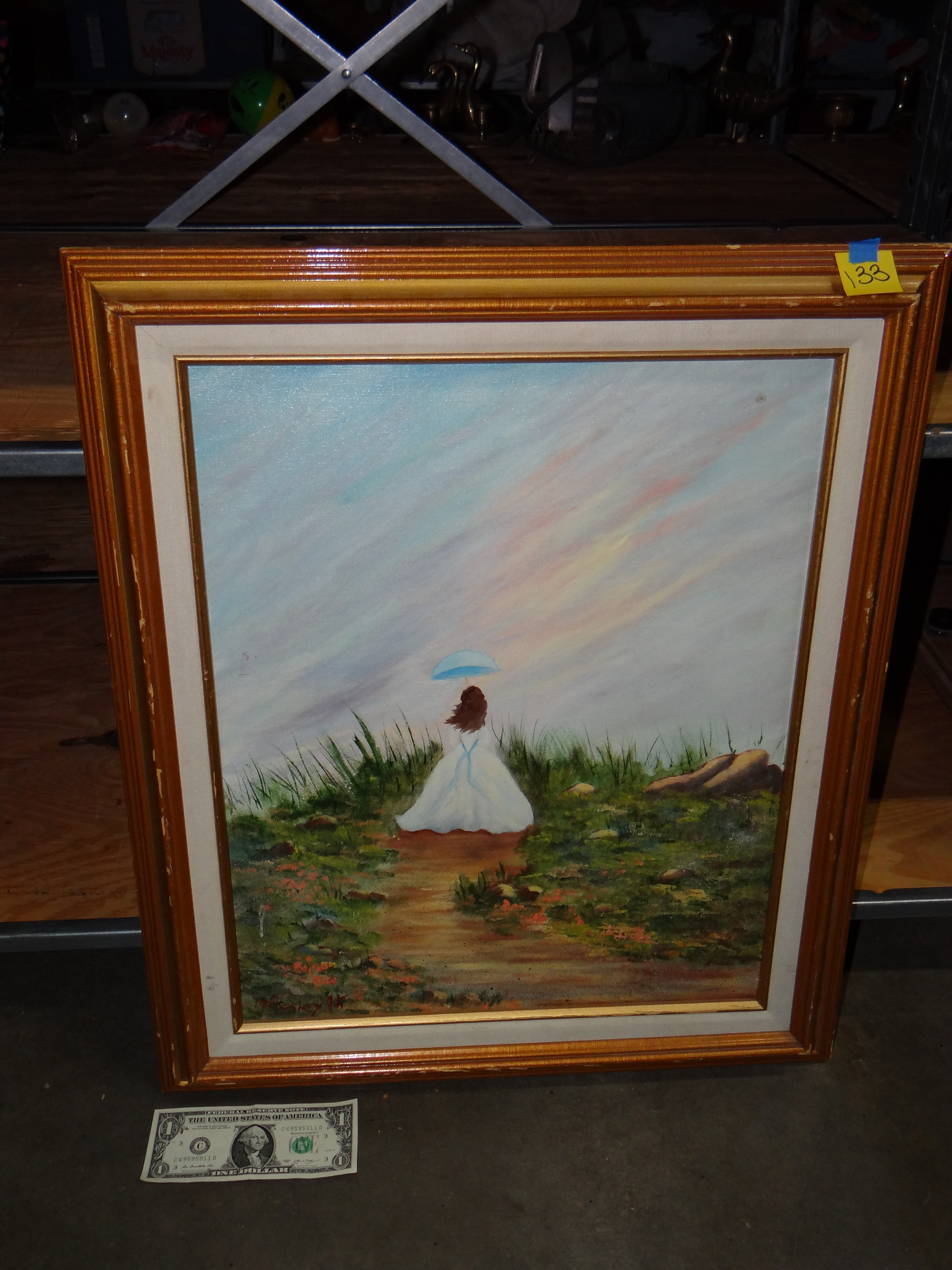 133-Beautiful Framed & Matted Painted of a Victorian Era Dressed Girl Standing On The End of  Trail At A Cliff's Edge