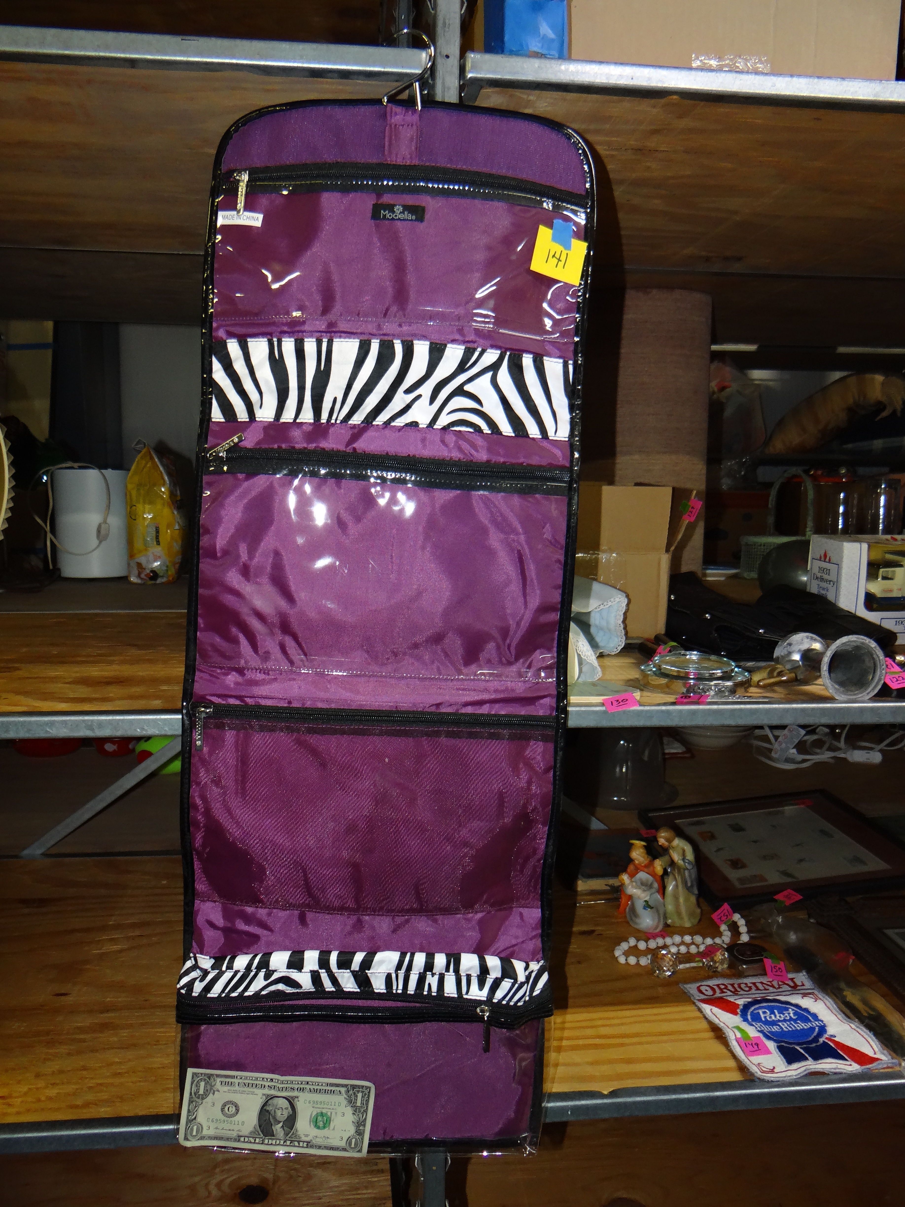 141-Modella Foldable Zebra Print & Purple Hanging Bag Great For Dance, Cheer, Weekend Trips & More