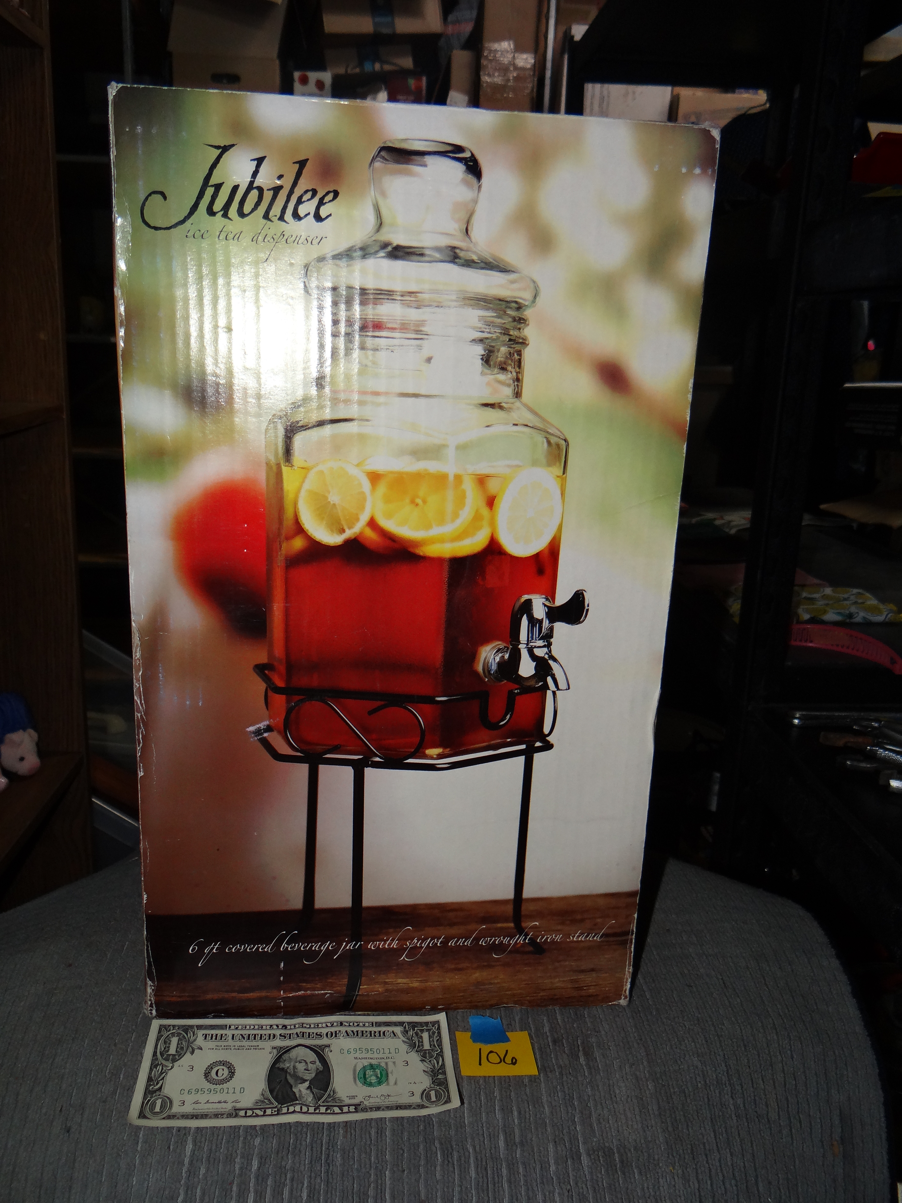 106-Jubilee 6qt Glass Beverage Container w/ Lid & Wrought Iron Stand in Box