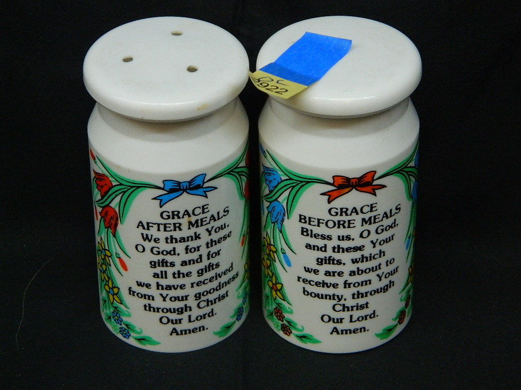 OE2922- Pair of Large Plastic 'Grace Before and After' Religious Themed Vintage Salt and Pepper Shakers w/ Stoppers 'Made in Hong Kong' 3.5 Inches Tall