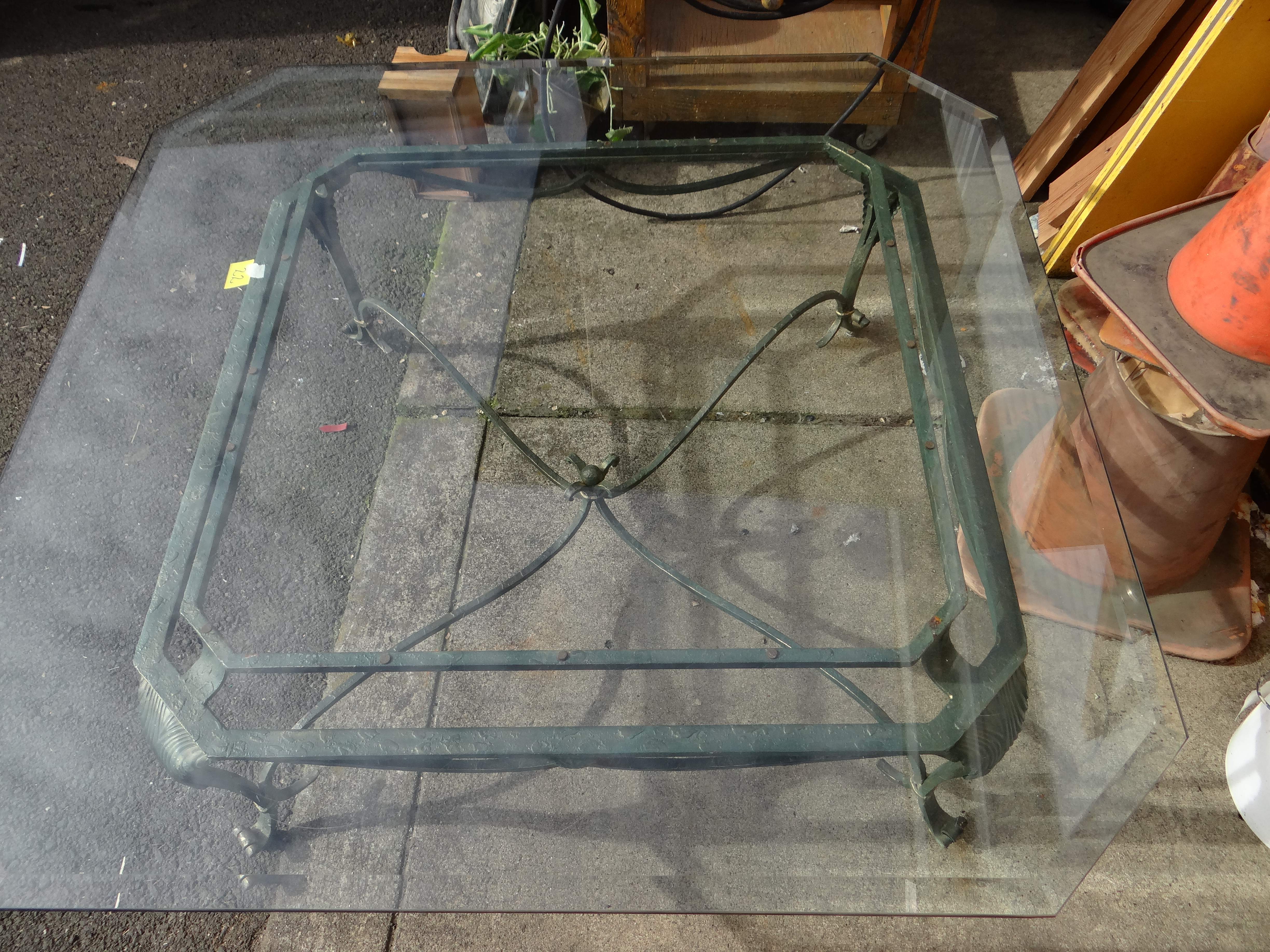 22-Large Square Green Metal w/ Glass Top Hexagonal Coffee Table