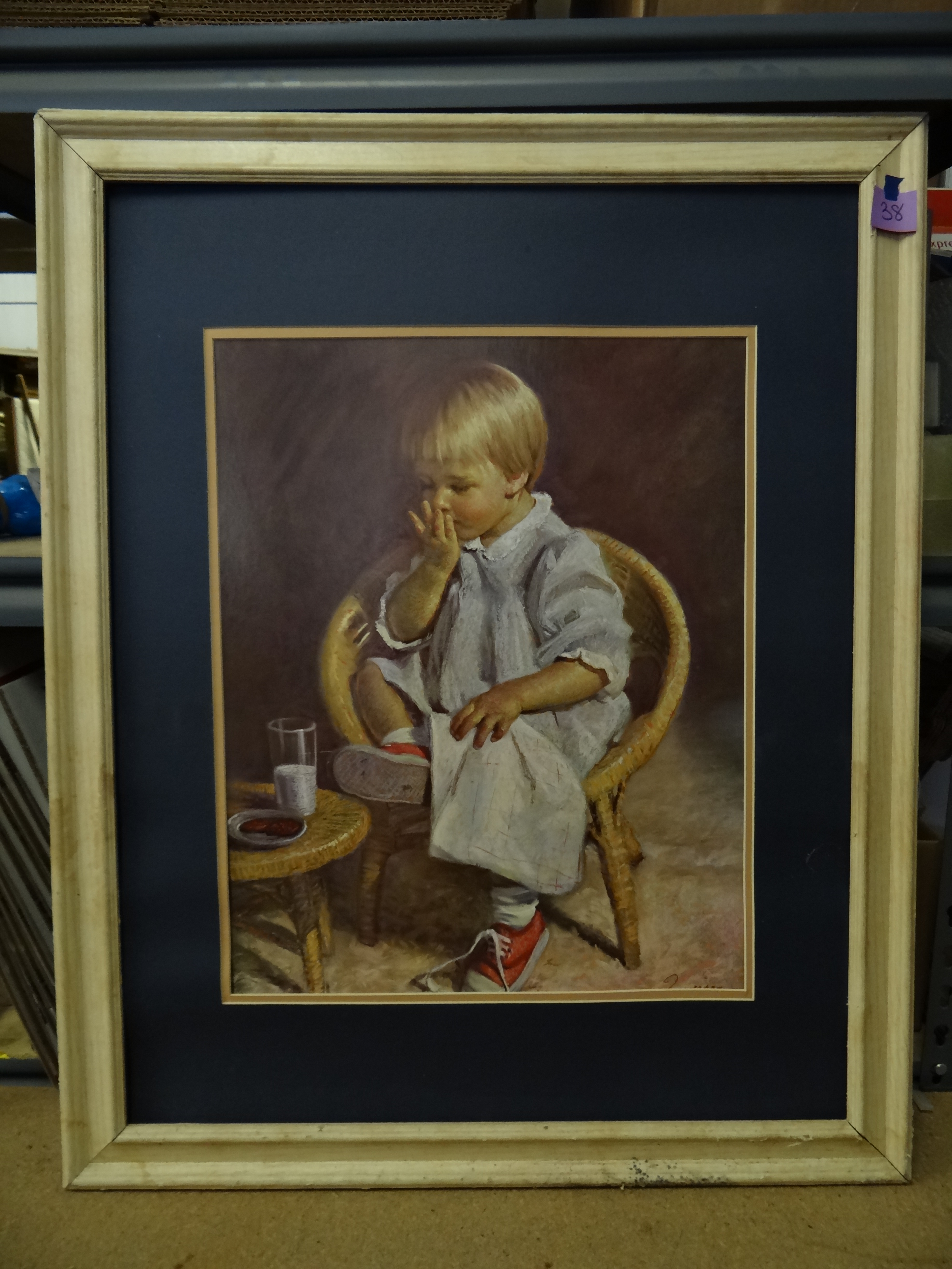 38-Framed & Matted (no glass) Print of Little Boy Eating Cookies & Milk (see pics for measurements)