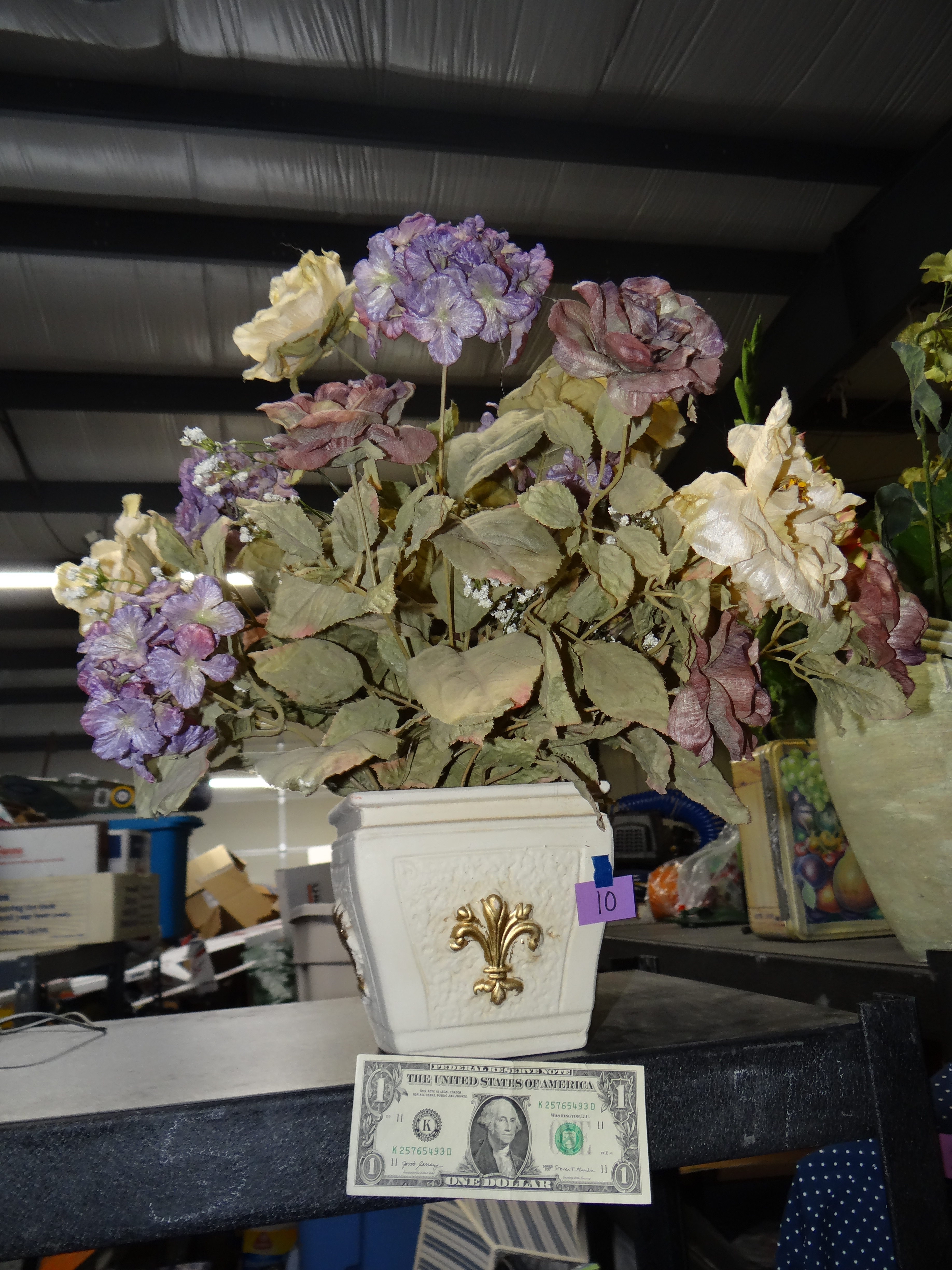 10-Large Vase with Fleur de Lis on Front & Artificial Flowers Inside