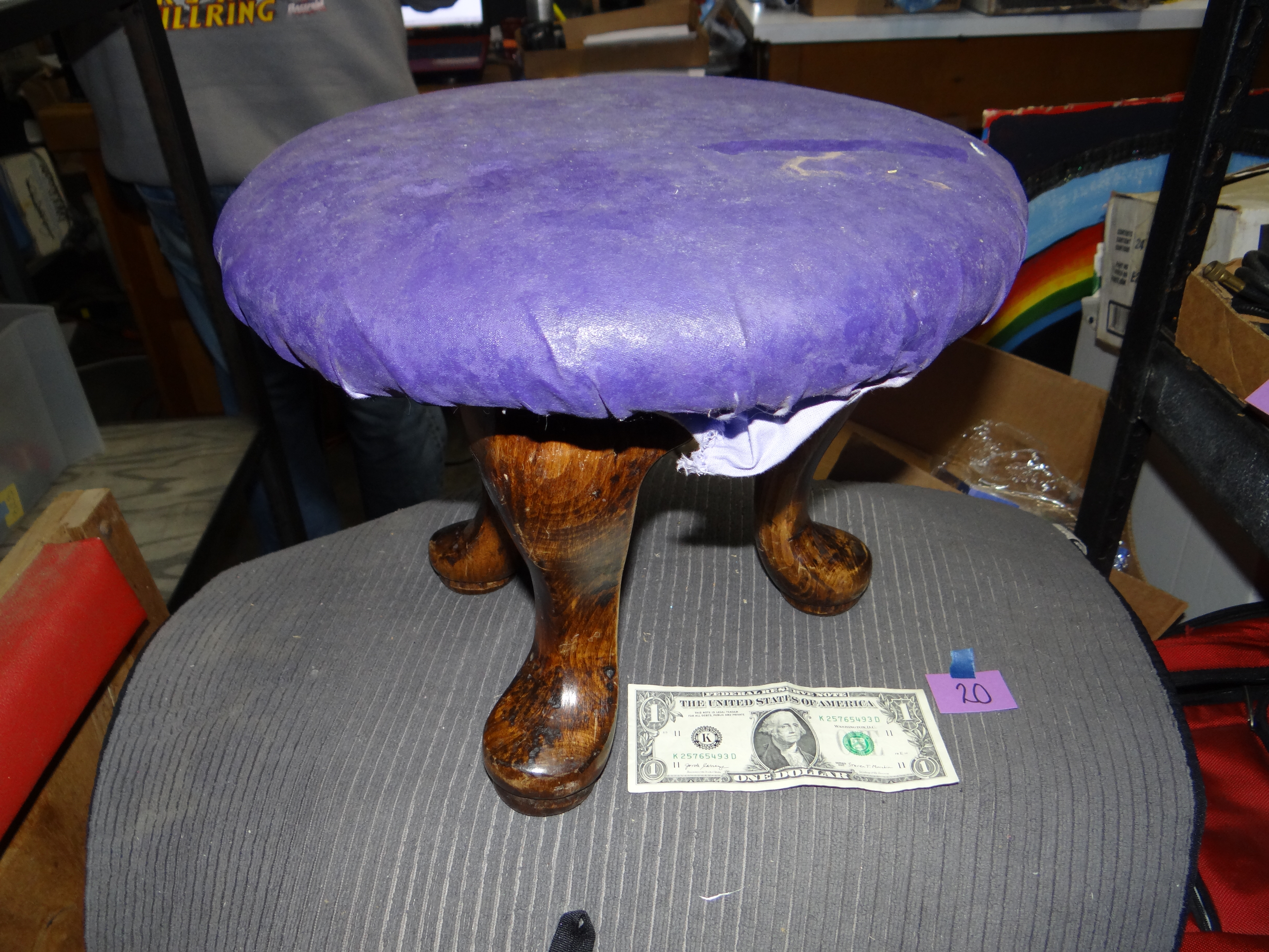 20-Vintage Purple Stool, One Leg Needs Reattached (purple is painted)