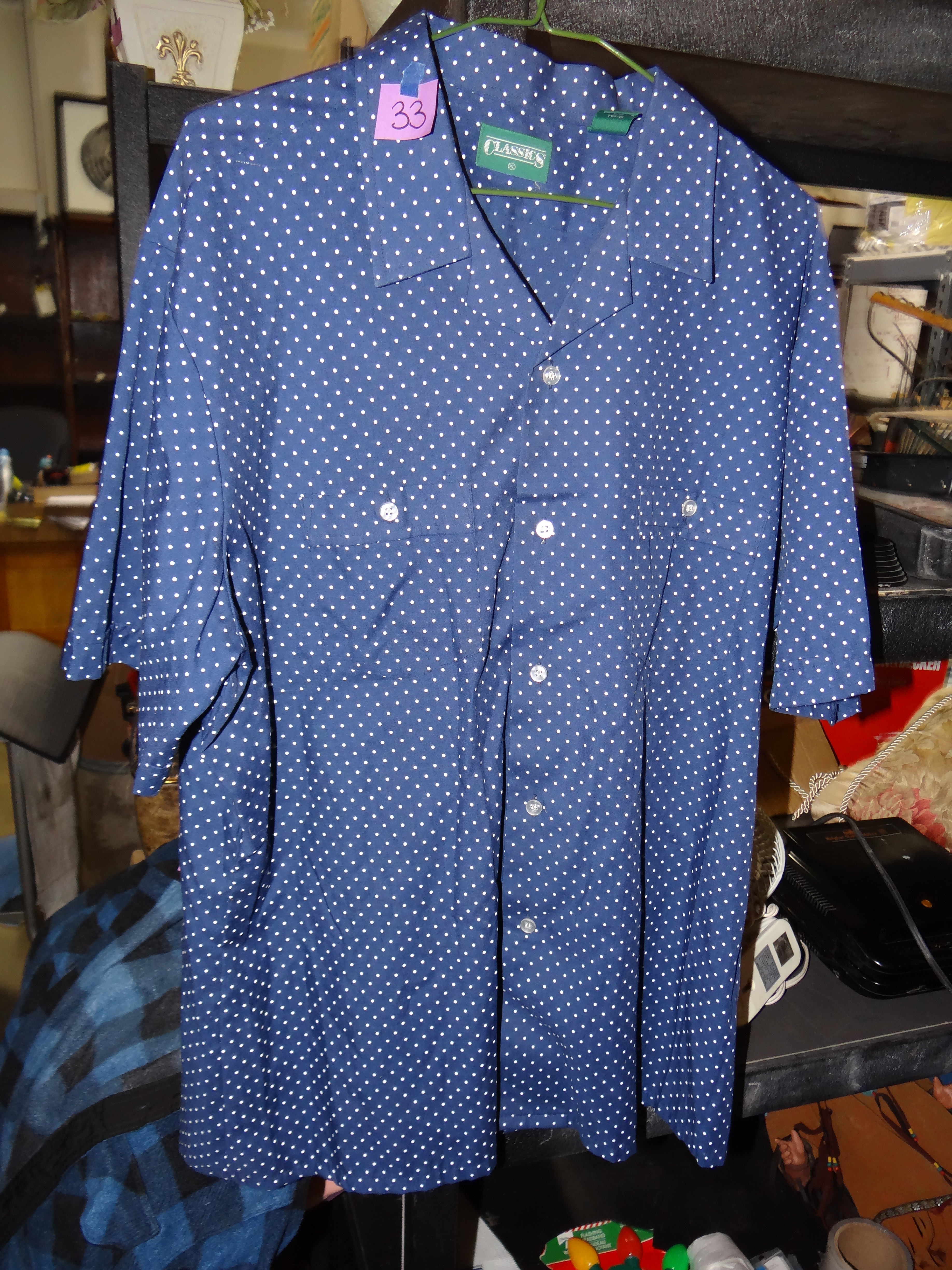 33-Classics By Sears Blue w/ White Polka Dots Button Up Shirt Size XL