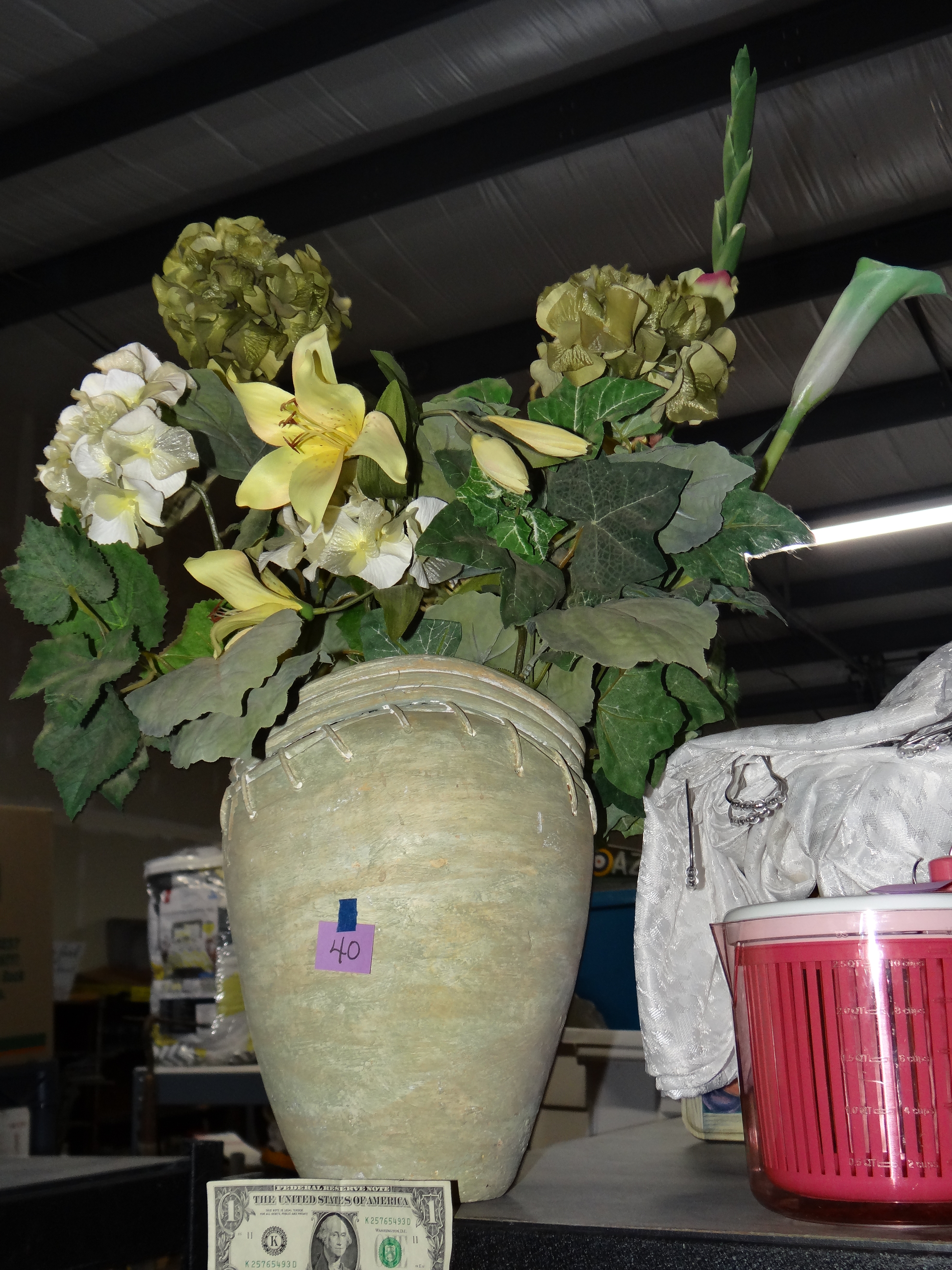 40-Large Sewn Looking Vase w/ Artificial Flowers In It