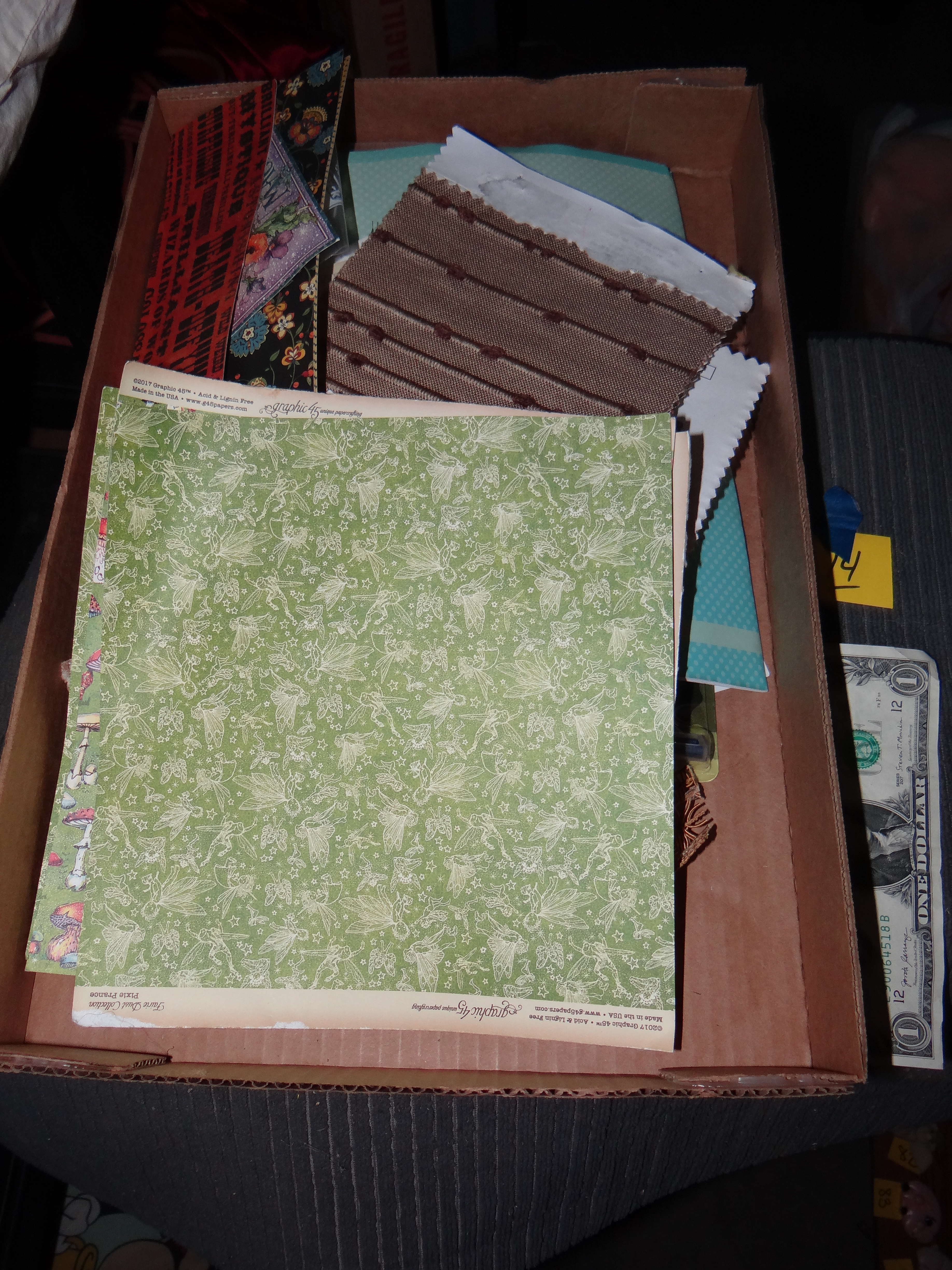 14-Flat of Scrapbooking Items, Greeting Crads, Fabric Swatches & More