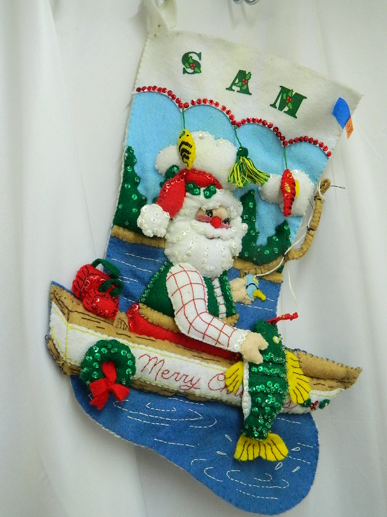 SG7932- Large Hand Made Personalized SAM Super Cute Vintage Santa Fishing  Themed Felt Made Christmas Stocking '16x12in' – Wilbur Auction